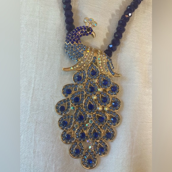 Eye Candy Jeweled Peacock Necklace with Blue Crystals New w/ Tags - Picture 5 of 14